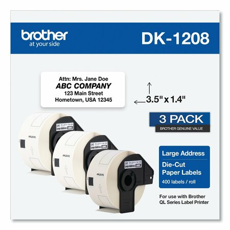 BROTHER Die-Cut Address Labels, 1.4 x 3.5, White, 400 Labels/Roll, 3PK DK12083PK